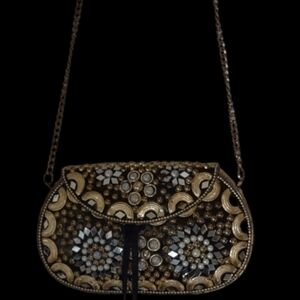 Mosaic Art Clutch Purse with chain Gold/Pearl